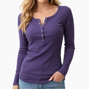 SO Purple Henley Top | Long Sleeve Button Neck | Casual Chic Everyday